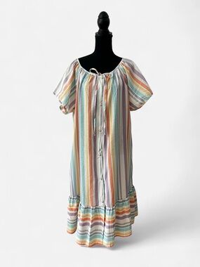 Vintage Pastel Rainbow Stripe House Dress Snap Front Ruffle Lounger Midi Dress